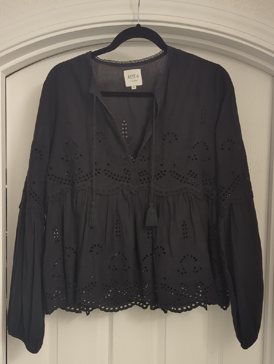 Misa Los Angeles Tops - Misa Los Angeles Black Eyelet Tassel Tunic